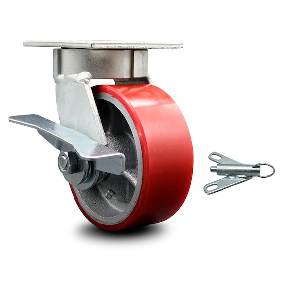 5 Inch Kingpinless Red Poly on Steel Wheel Caster with Brake and Swivel Lock